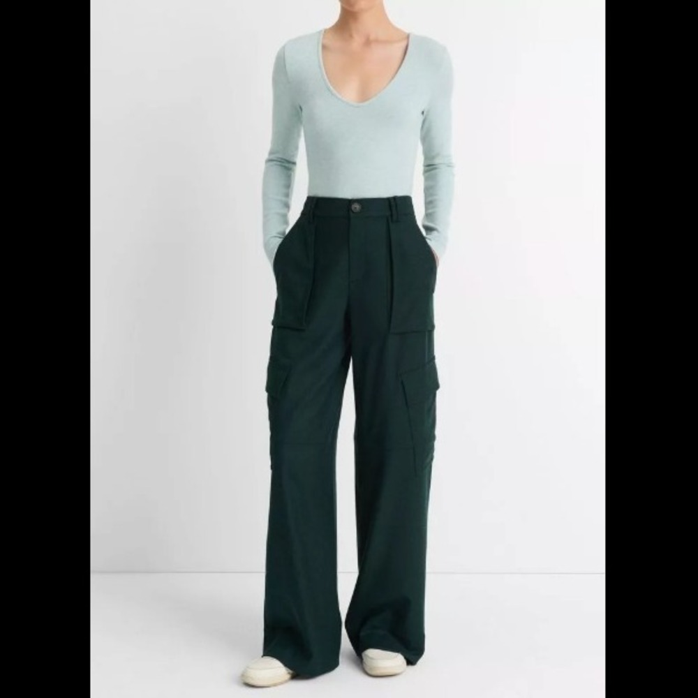 VINCE. Flannel Wide Leg Wool Blend Cargo Pant Trouser Sea‎ Onyx Size 10